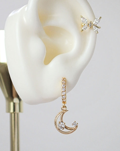 24 Karats Gold Cubic Zirconia Moon Hoop Earrings